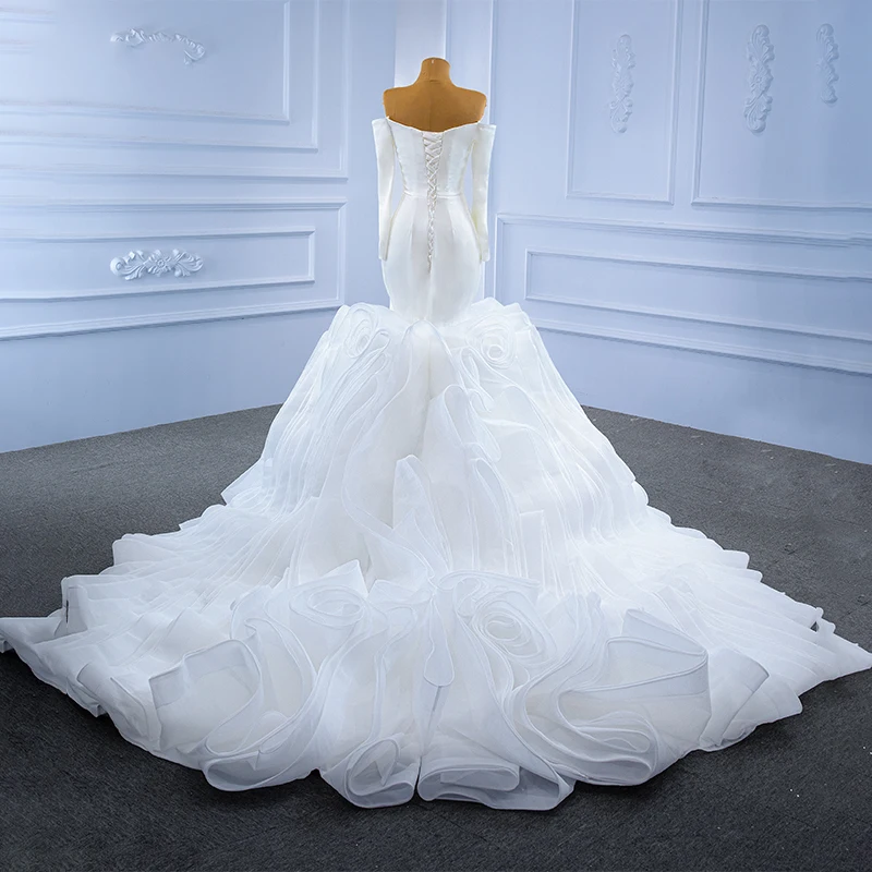 RSM67275 White Simple Bridal Wedding Dress Transparent Lace V-neck Long Sleeve Backless Frill Fishtail Dress платье на свадьбу 2