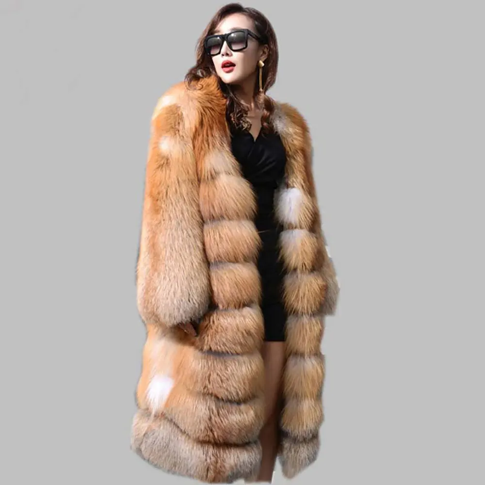 100cm coat length Новое модное пальто с лисьим мехом настоящая Меховая куртка женская зимняя теплая шуба высококачественное пальто красный лисий мех - Цвет: 100cm coat length