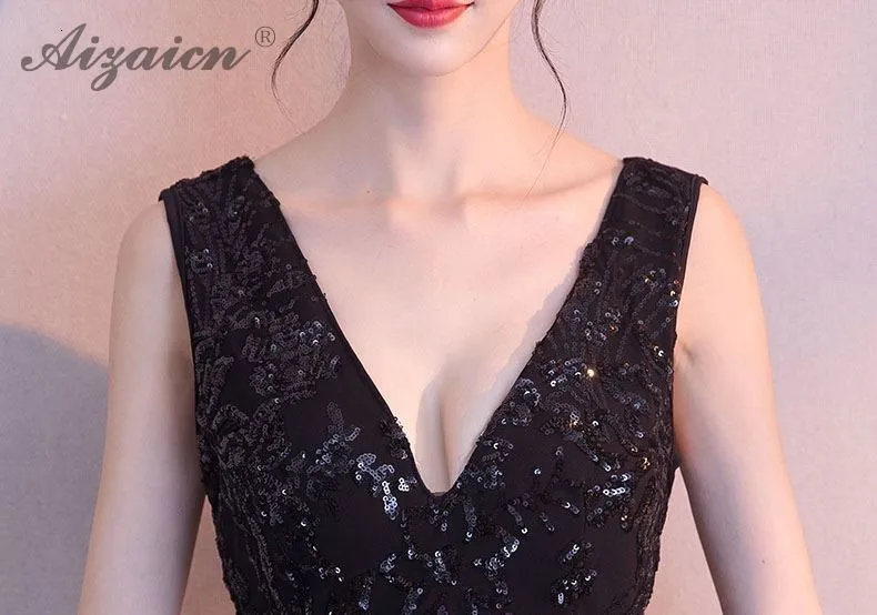 Черные вечерние платья с глубоким v-образным вырезом Qipao Promtion Cheongsam современные Вечерние платья Русалка Qi Pao женское китайское платье халат