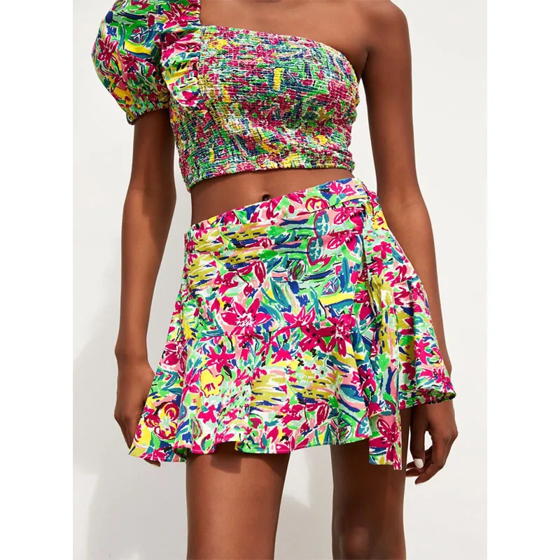 Boho Floral Print Two Piece Set Women 2020 Summer Single Shoulder Crop Top +Mini Skirt Shorts Sets Casual Beach Holiday Outfits | Женская