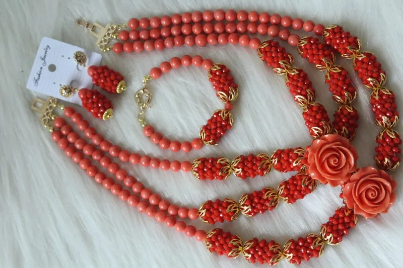 4uJewelry 8 мм натуральный коралловый бисер+ хрустальные африканские бисерные шарики комплект ювелирных изделий 3 слоя Свадебные ювелирные изделия серьги браслет ожерелье