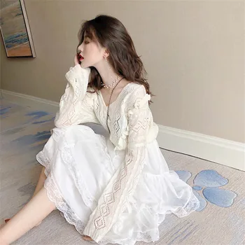 

Women Two Piece Fashion Dress Sets V Neck Hollow Out Ruffled Sweaters&White Lace Cake Skirt Suits Sweet Loose Sweater Skirt Sets