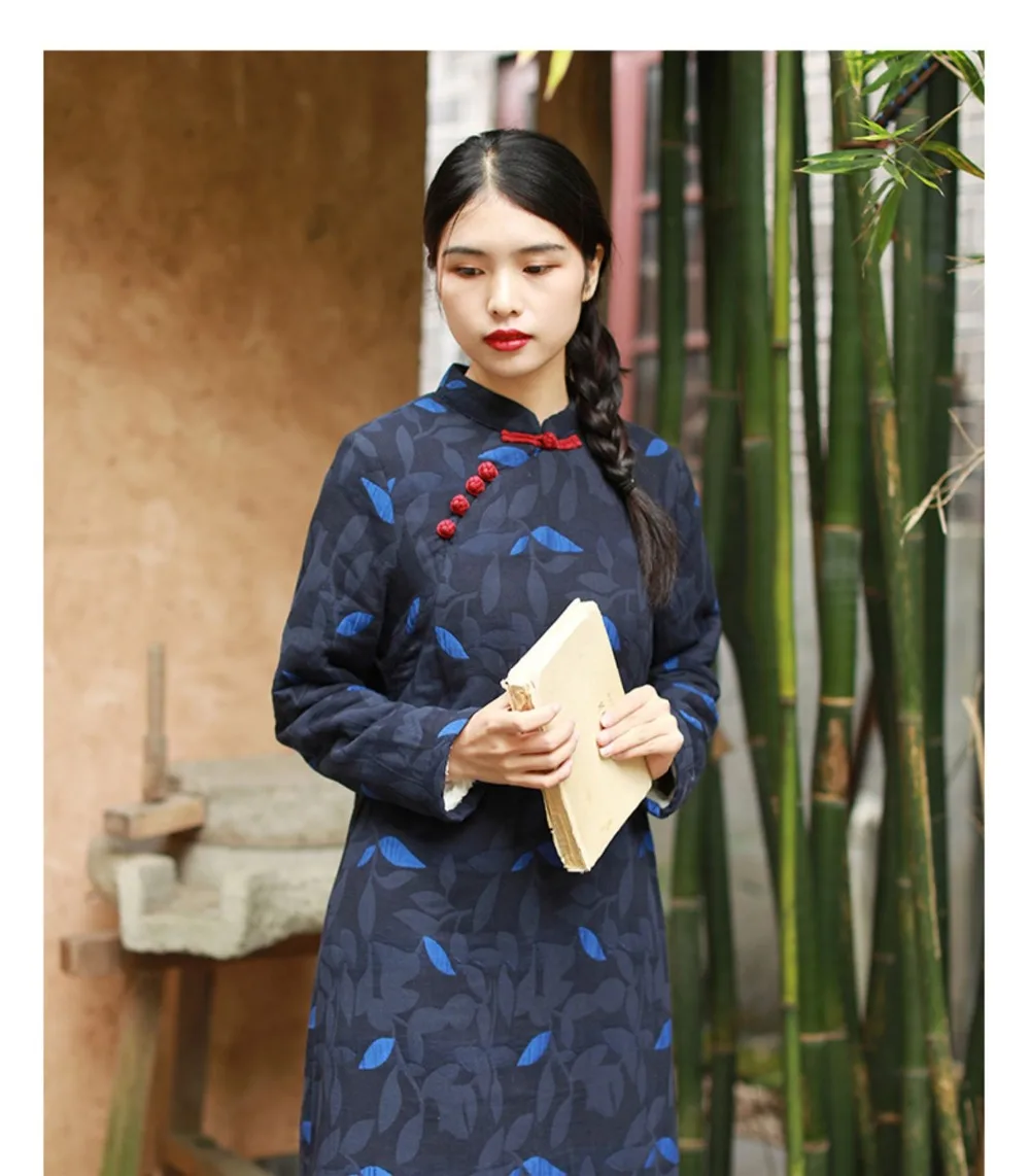 LZJN 2019 New Vintage Chinese Thickened Plush Dress Autumn Winter Female Warm Long Cheongsam Qipao Retro Robe Dress (20)