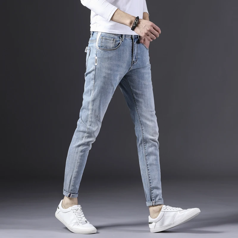Reviews Men's Slim Fit Jeans high Leisure waist jeans Street fashion style stretch pants Man Bottoms Damaged by washing Ankle pants