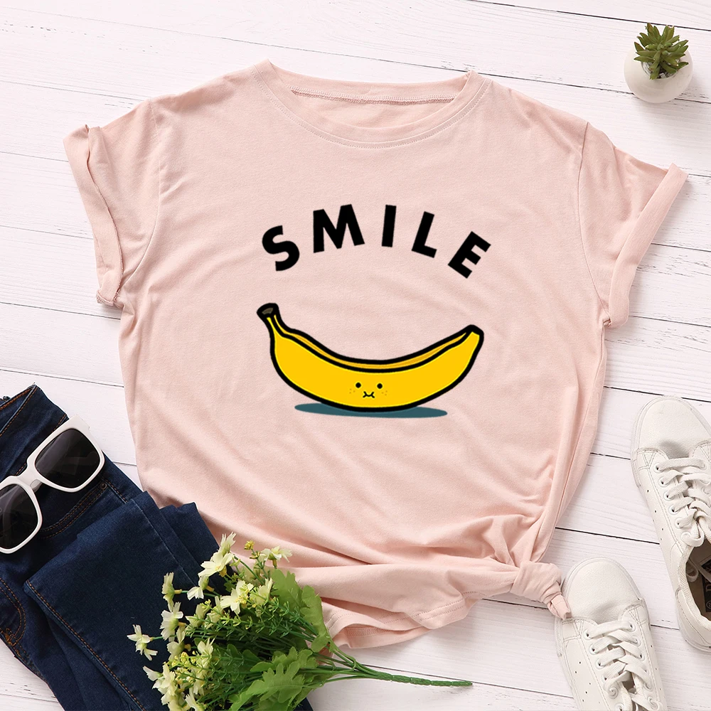 Женская футболка с буквенным принтом и смайликом, хлопковая футболка с коротким рукавом, топы размера плюс, принт с фруктами и бананами, футболки, уличная одежда для девочек - Цвет: Розовый