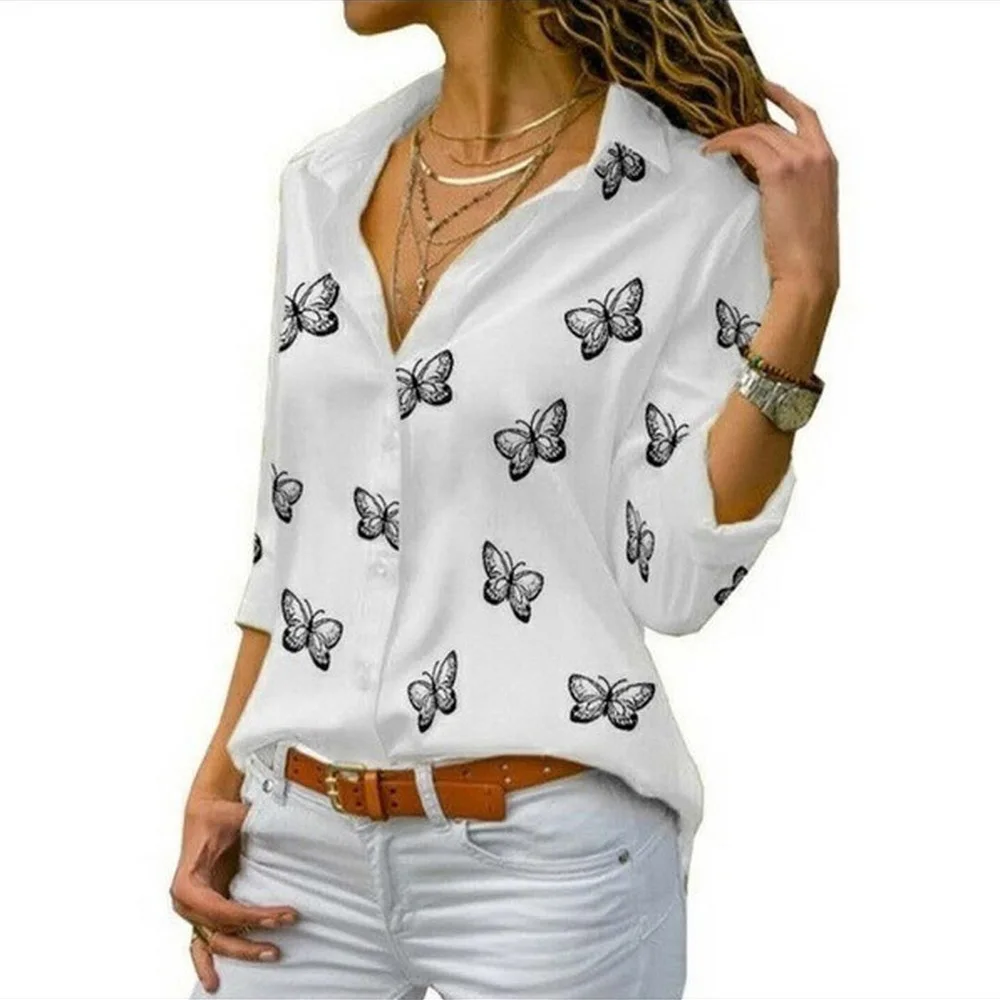 

Lapel Long Sleeve Shirts Loose Printing Shirt Butterfly Oversized Shirt White Red Cardigan Button Up Shirt Women's Shirts 2020