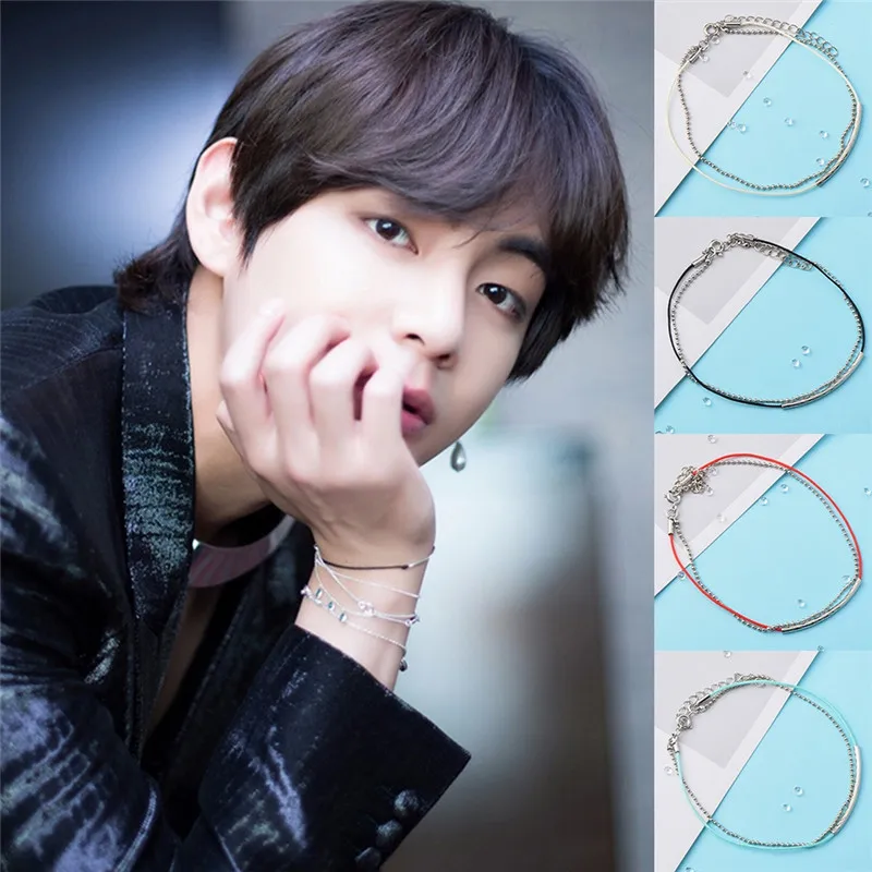 

Pinksee 1PC Kpop Bangtan Boys V Same Styles Link Leather Rope Metal Chain Bracelet for Women Men Charm Accessories