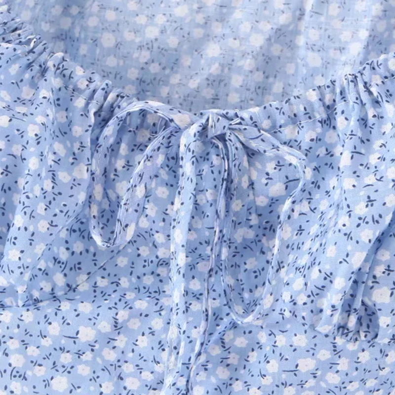 Women blouse chiffon vintage ruffle ladies tops streetwear puff sleeve top elegant floral clothes blue robe vestido vintage top
