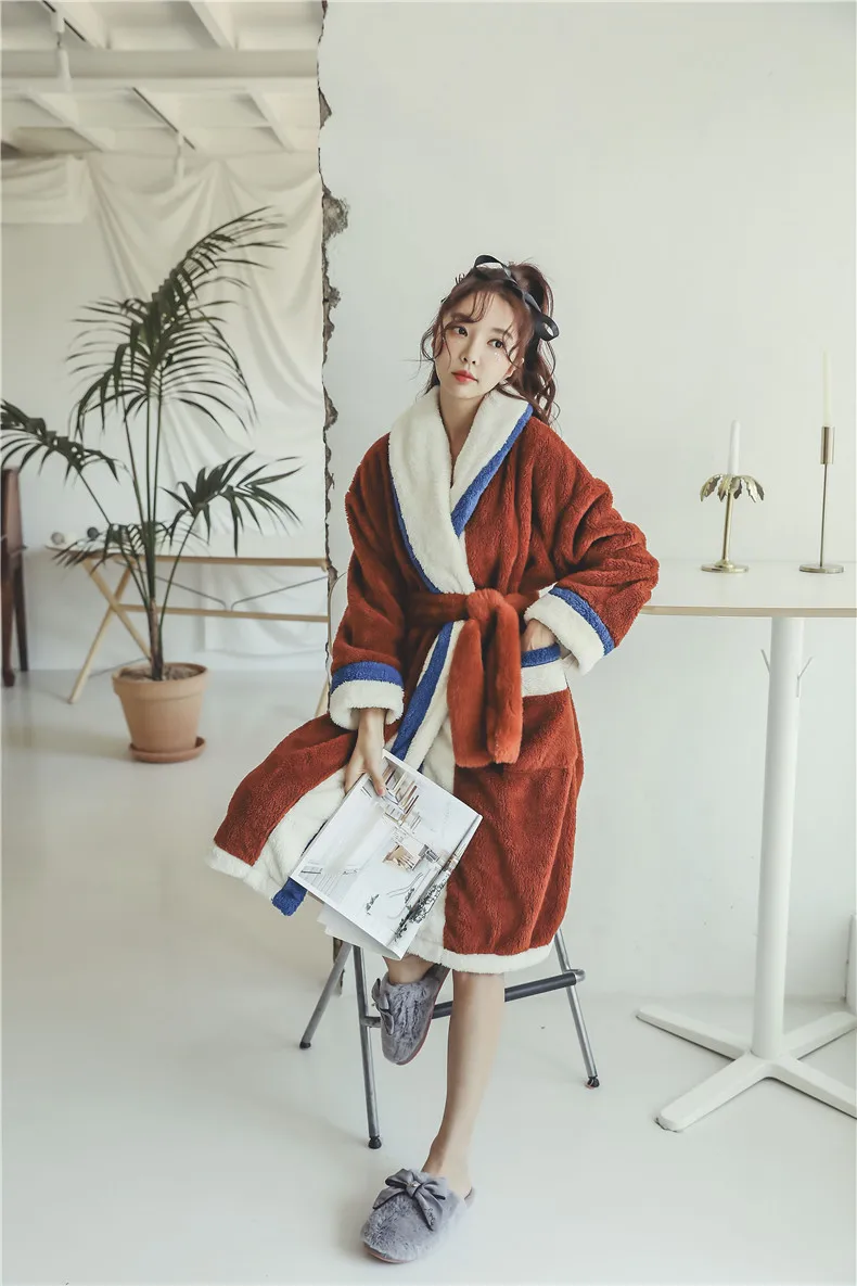 Winter Women Nightgown Three-color Mosaic Coral Velvet Female Long Section Thickening Soft Velvet Pajamas Warm Home Service