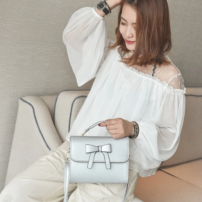 

2017 New Style WOMEN'S Fashion Handbag Solid Color Simple Pearly Lustre Bow Square Sling Bag Shoulder Cross-body Bag