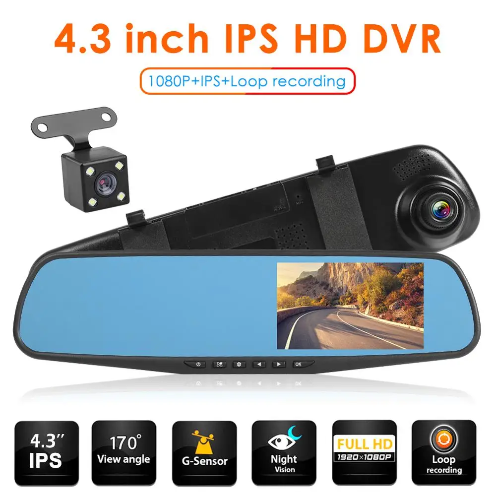Full HD 1080P Автомобильный видеорегистратор Камера авто 4,3 дюймов зеркало заднего вида цифровой видеорегистратор двойной объектив регистратор видеокамера