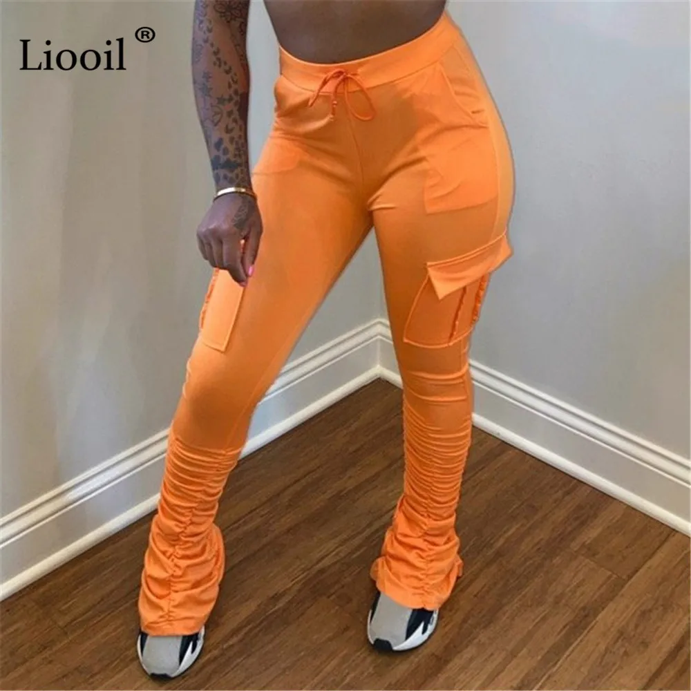 

Liooil Neon Green High Waist Flare Stacked Leggings Pants With Pockets Fall 2020 Women Black Trousers Skinny Sexy Cargo Pants