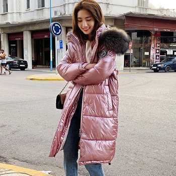 

2019 Womens Clothing Winter Jacket Women Long Warm Thicken faux Fur collar Hooded Coat Shining Fabric Loose Female Parka Outwear