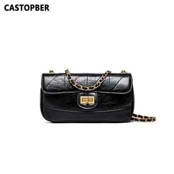 

Women Leather Chain Link Embossed Crossbody Bag Small Cow Genuine Leather Female Black Flap Bags With Lock Designer Quality