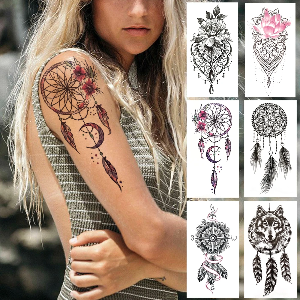 Tatouage Loup Attrape Reve Signification Dreamcatcher – Faux Tatouage Temporaire Pour Enfants, Femmes, Henné Noir,  Fleurs De Lotus, Loup, Boussole, Plume, Corps, Bras, Poitrine - Tatouages  Éphémères - AliExpress