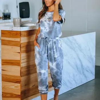 

Home Suit Tie Dye Women Printed Long Pajamas Set Casual Loose Sleepwear Homewear Female Nightgown