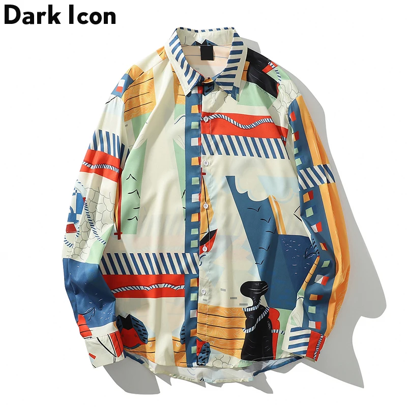 

Dark Icon Full Print Hip Hop Shirts 2019 Autumn New Fashion Long Sleeve Mens Shirt Loose Style Shirts For Man
