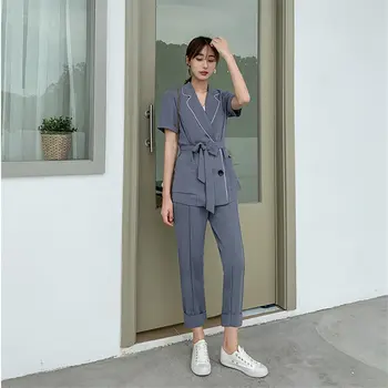 

HziriP 2019 OL Summer Chic Elegant Women Solid Casual Short-sleeved Shirts+ Straight Thin Solid Pants Fresh Set 2 Piece Sets