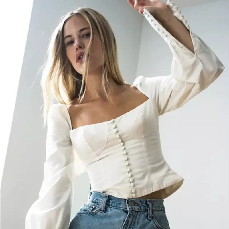 

Vintage Palace Short Midriff-Baring Blouse Shirt Tops Women 2019 Autumn Bandage Back Backless Square Collar Shirt Chic Sexy Top