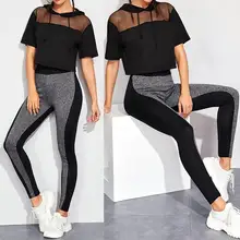 Женский спортивный костюм для фитнеса, с длинным рукавом, с буквенным принтом, контрастные Эластичные Обтягивающие Леггинсы, комплект спортивной одежды, осенне-зимний тренировочный комплект