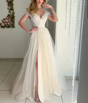 

Light Champagne Wedding Dresses Side Slit Floor Bridal Gowns A-Line V neck For Women Tulle Gorgeous Sleeveless 2020 Graceful