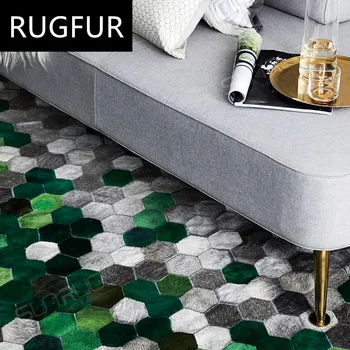 

Pink Green Gray Hexagon Patchwork Cowhide Rug Living Room Bedroom Carpet Floor Mat