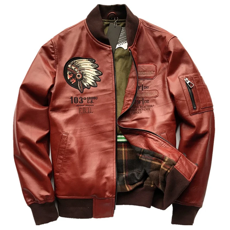 Japanse Versie Indian Motorcycle Man Heren Schapenvacht Lederen Jas En Jassen Indian Avatar Patroon Borduren Streetwear 4XL