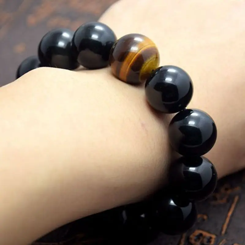 Ручная шарик браслет для мужчин натуральный Радужный обсидиан с желтыми глазами