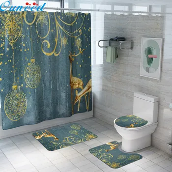 

Ouneed 4PCS Christmas Shining Elk Print Bathroom Shower Curtain sets Non Slip Toilet Shower curtains Cover Mat set drop ship new
