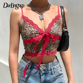 

Darlingaga Spaghetti Strap Lace Patchwork Pink Top Y2K V Neck Front Tie Up Crop Top Women Cami Fashion Sexy Summer Tops Camisole