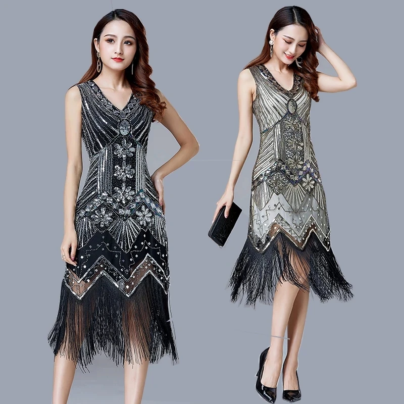 

Vintage Flapper Great Gatsby Party V-Neck Dress Sleeveless Sequin Retro Beaded Style Tassel 1920s Retro Elegant Banquet Dress