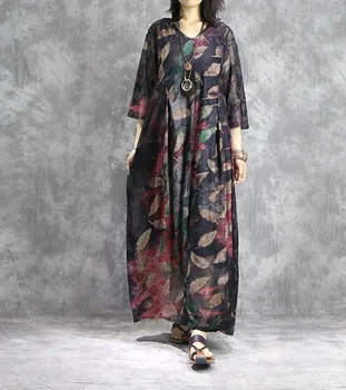 

Chinese Style Retro V Neck Seven Point Sleeve Loose Long Dress 2020 Spring Fashion Printed Cotton Robe Dress for Women