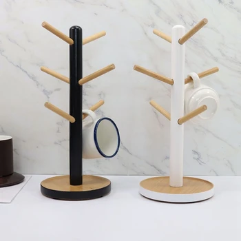 

Wooden Mug Hanging Display Rack Drinkware Shelf with 6 Hooks Tree Shape Wood Coffee Tea Cup Storage Holder Stand