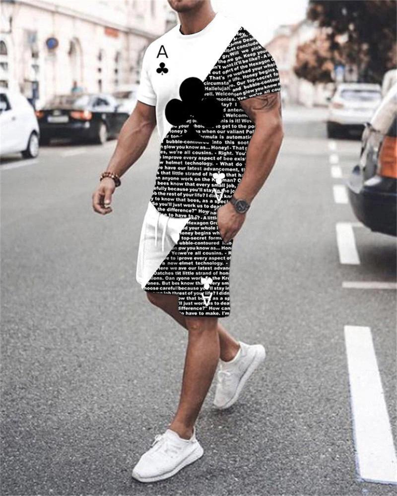 Summer poker 3D printing men's T-shirt shorts suit men's sportswear O-neck short-sleeved men's suit mens short sets