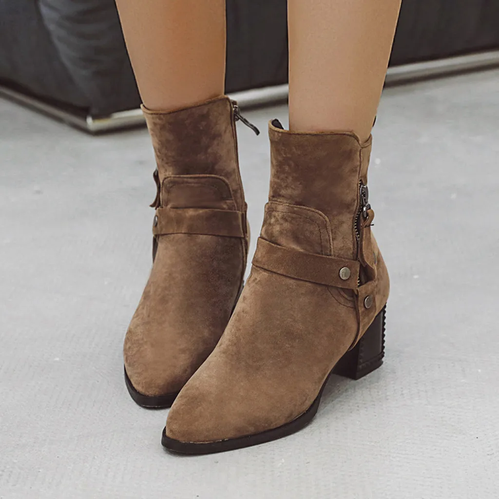 

Vintage 2019 Solid Women Boots Winter Fashion Zipper Pointed Toe Shoes Ladies Chunky Heel Booties Female Short Boots Botas Mujer