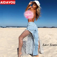 Сексуальные кружевные Джинсы женские широкие брюки повседневные свободные брюки модные новые дизайнерские Звездные кружевные джинсы коломбианос рваные ouc583