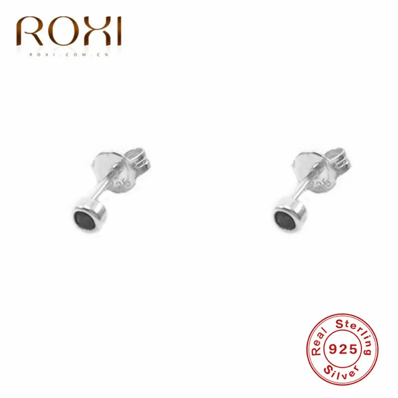 ROXI простые круглые серьги-гвоздики для женщин, черный камень, мини серьги-гвоздики, Серебро 925 пробы, серьги, корейские ювелирные изделия в стиле минимализма