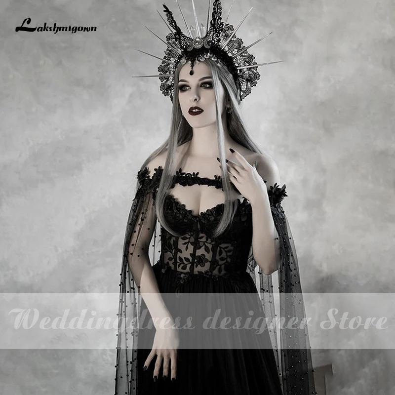 modest wedding dresses Lakshmigow Dark Fairytale Gothic Black Wedding Dresses with Cupped Corset Bodice Fantasy Bridal Gown Halloween Wedding Cloak grace kelly wedding dress