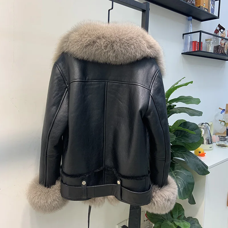 Maylofuer 100% real fox fur coat genuine sheepskin leather jacket