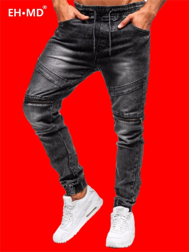 

EH·MD® Men's Harem Jeans Drawstring Sweatpants Dark Blue Large Size Highly Elastic Slim Loose Fashion Splicing Drawstring Pants