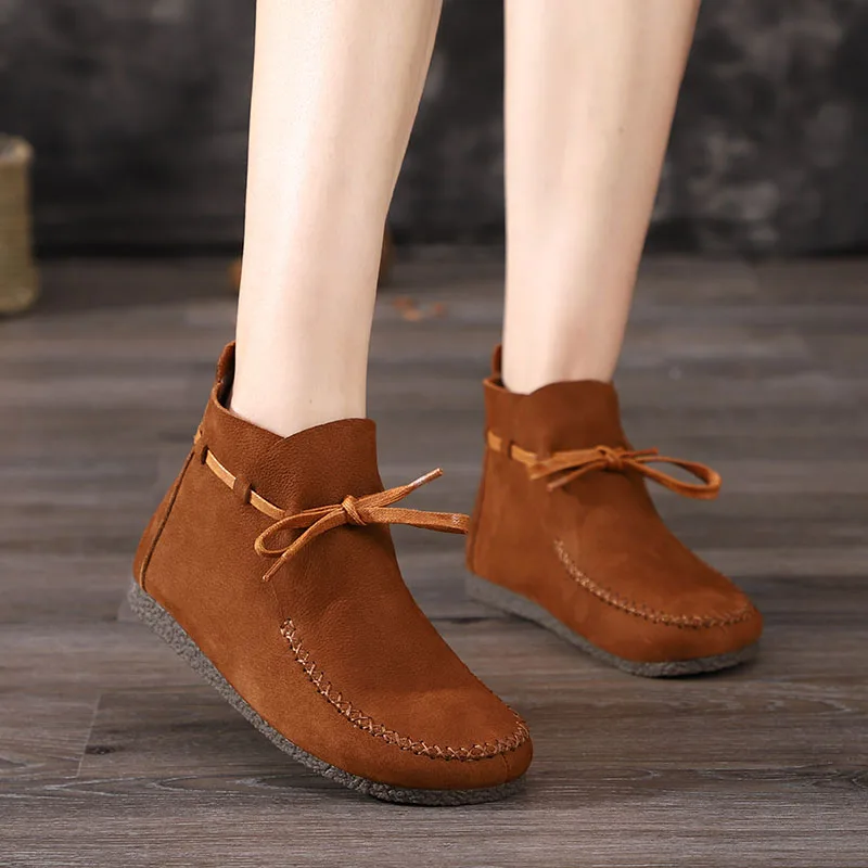 

2019 Autumn New Flat Boots Women's Shoes Nubuck Leather Round Head Soft Bottom Bowtie Comfortable Ankle boots