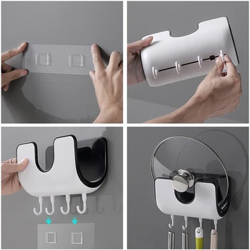 

Wall-mounted Pat Lid Rack Pot Cover Multifunction Organizer Chopping Board Drainer Storage Holder Shelf with Four Hooks Kitchen