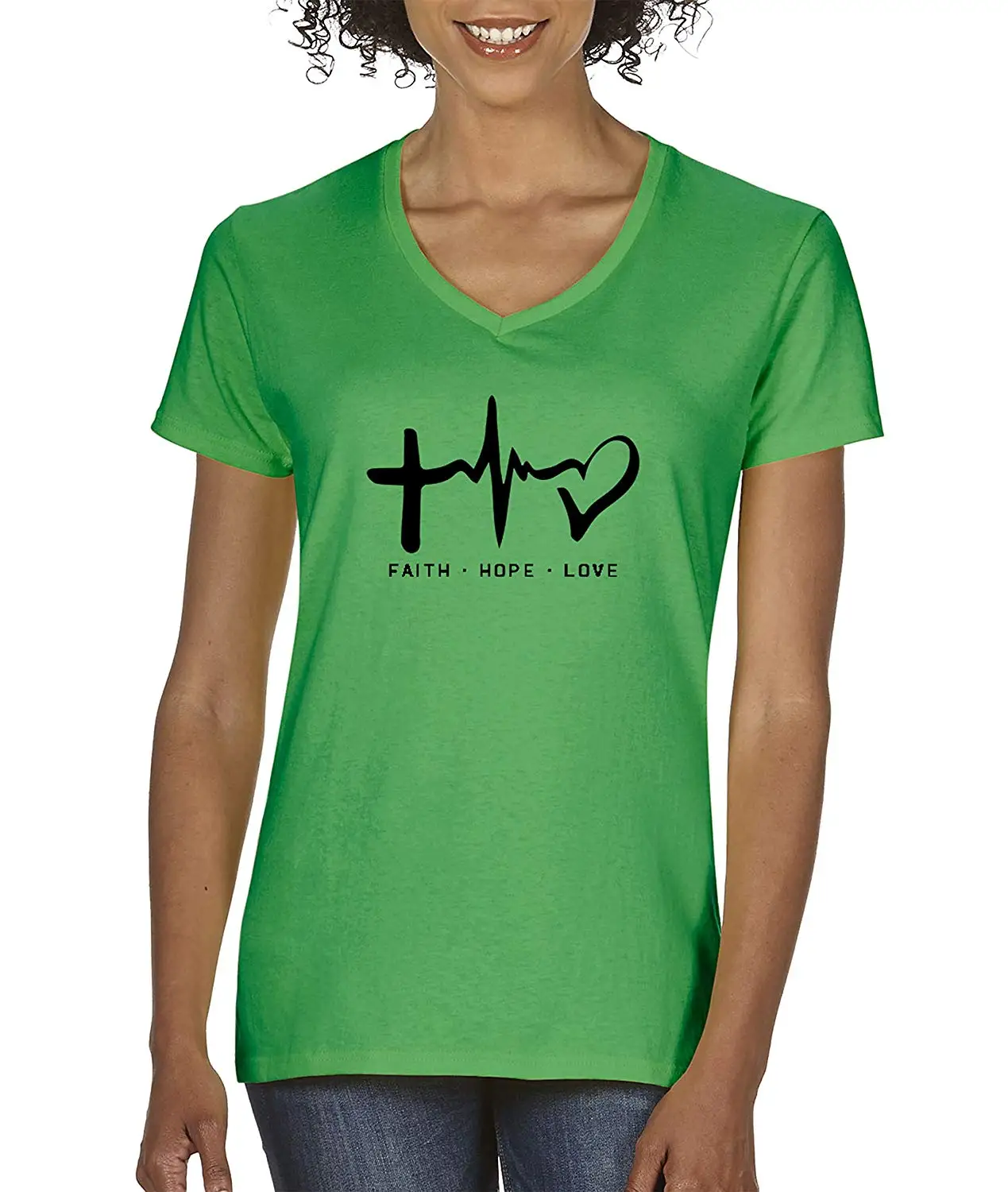 TSDFC 491 - Women's V-Neck T-Shirt Faith Hope Love Inspirational Foundation Small Kelly Green unisex men women t shirt |