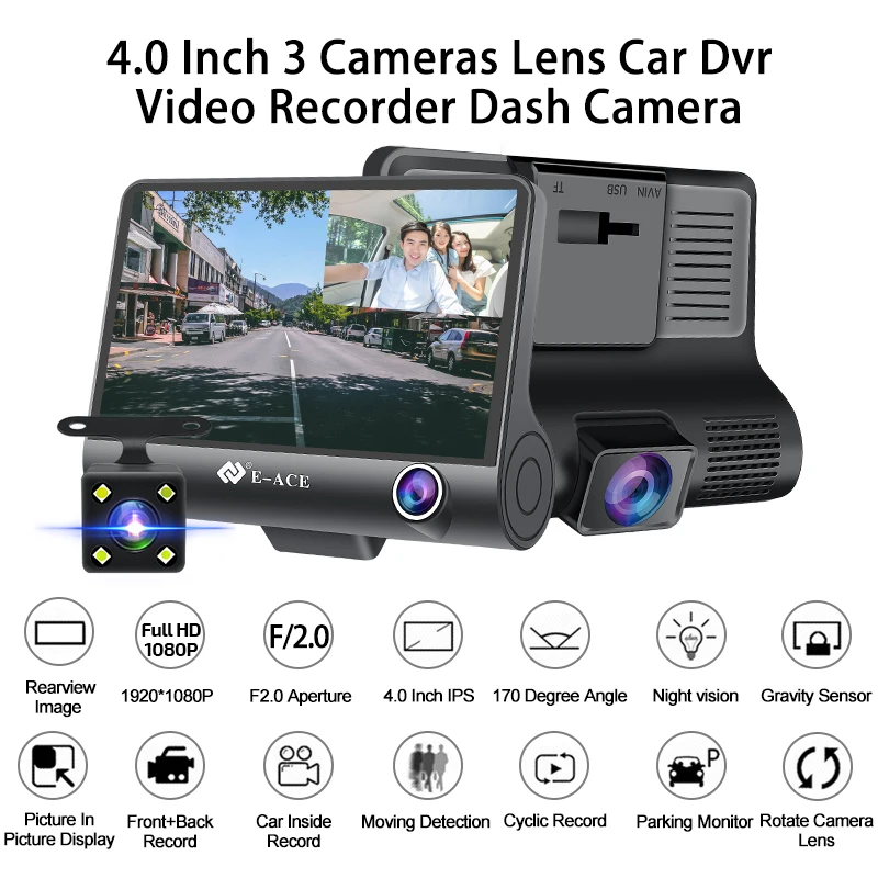 Ceny E ACE B28 wideorejestrator samochodowy 4 Cal kamera samochodowa 3 kamery obiektyw z kamera cofania wideorejestrator Auto rejestrator kamera na deskę rozdzielczą podwójny obiektyw rejestratorów
