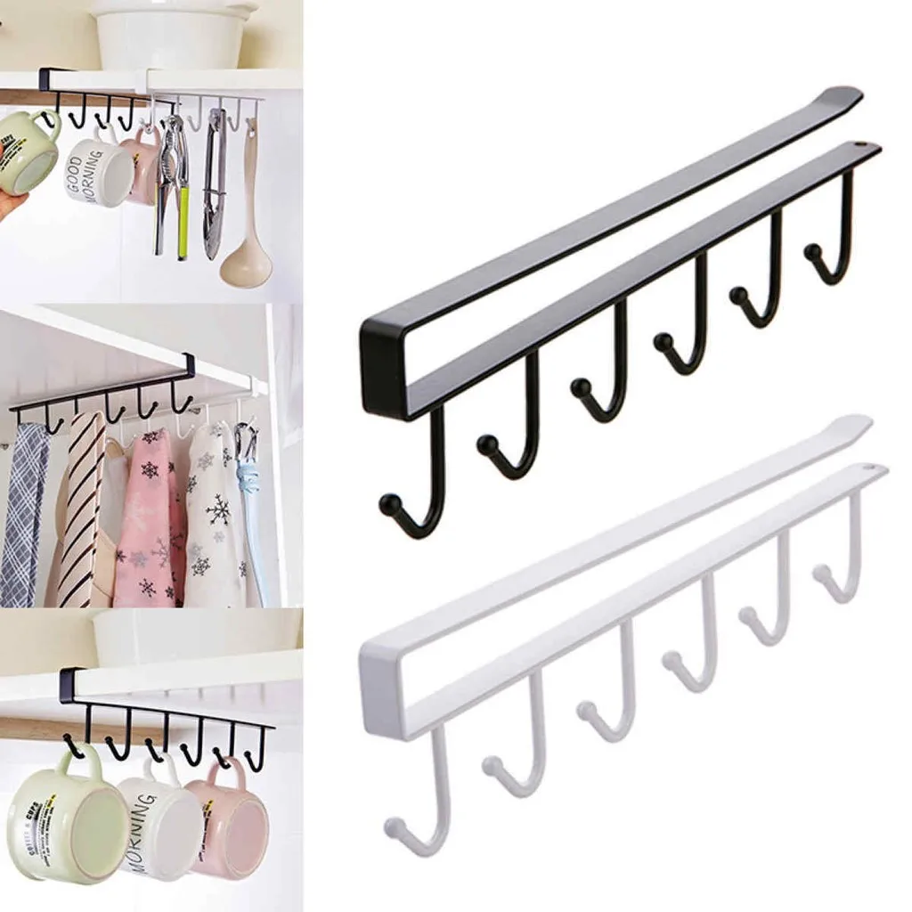 6 Hooks Cup Holder Hang Kitchen Cabinet Under Shelf Storage Rack