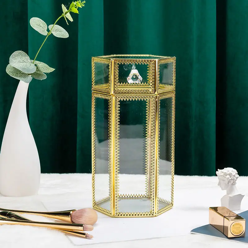 Ins Vintage Glass Makeup Brush Holder Gold Square Prismatic Copper Edging  Cosmetic Holder Lipstick Pencil Storage Container 6