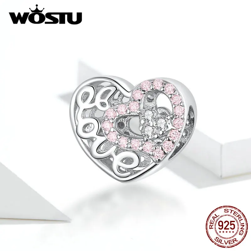 WOSTU розовый циркон сердце любовь бусины 925 пробы серебряные ажурные амулеты
