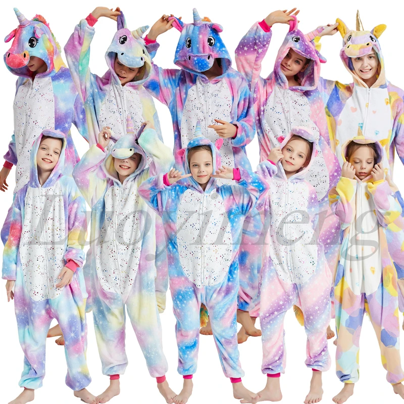 Kids Pajamas Girls Boys Sleepwear Baby Jumpsuit Night Clothes Animal Cartoon Wolf Flannel Unicorn Children's Pyjamas For 6 8 10T
