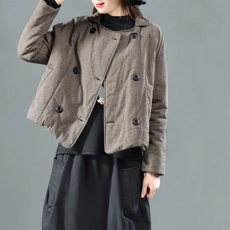 

Qi Juan Draw Retro National Wind Pinstriped Cotton Linen Padded Short Cotton-padded Jacket Double Breasted Warm Cotton Coat Wome
