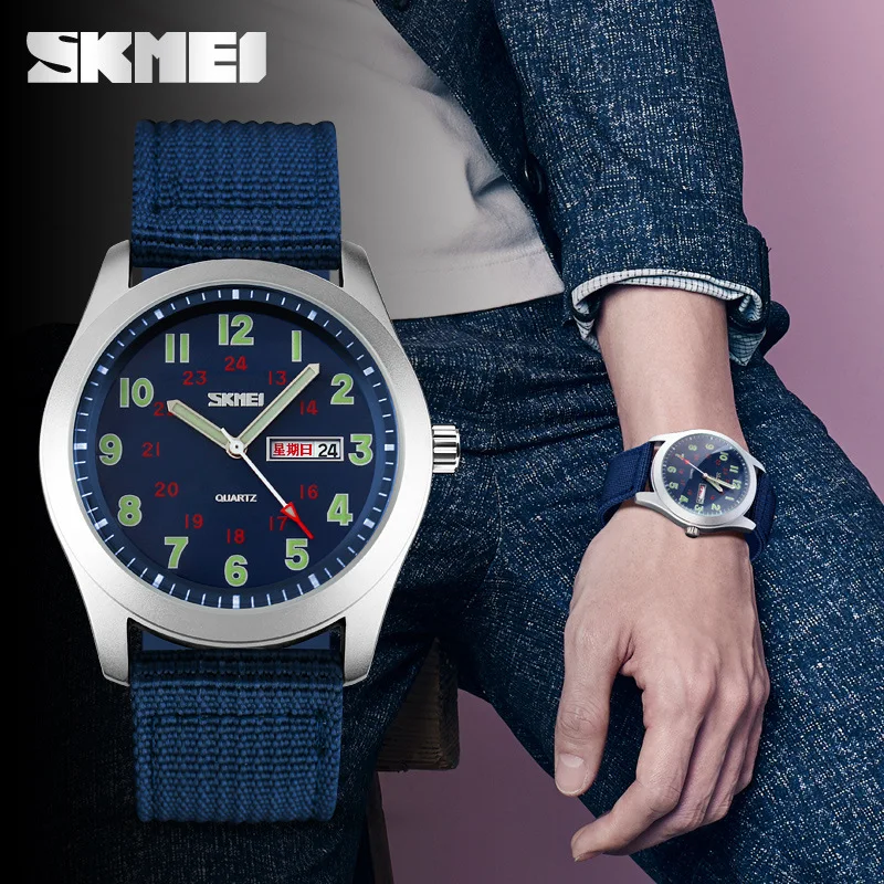 

Skmei Genuine Product Fashion Nylon Weaving Watch Strap Fashion-Style Prince Charming Double Calendar Quartz Watch Shining Watch